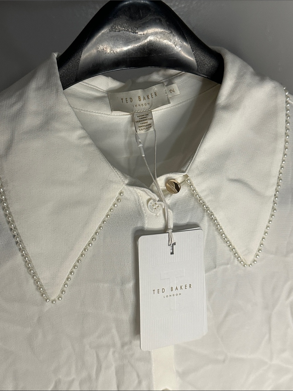 Ted Baker White Short-Sleeve Button-Up Shirt with Beaded Collar - Picture 3 of 5